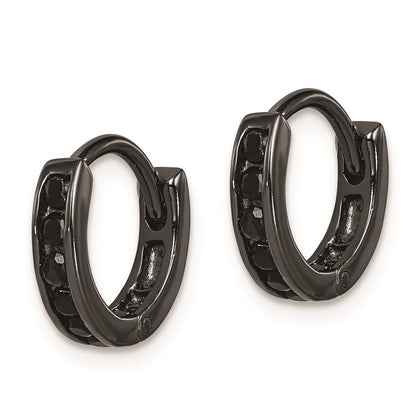Sterling Silver Black Rh-Plated Cz Hinged Round Hoop Earrings