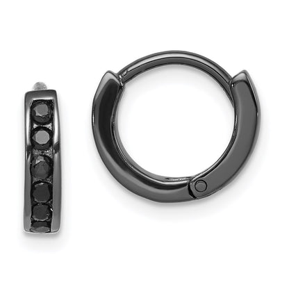 Sterling Silver Black Rh-Plated Cz Hinged Round Hoop Earrings