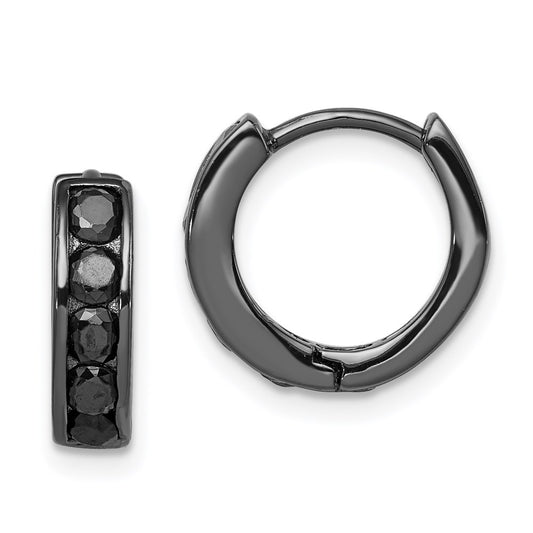 Sterling Silver Black Rh-Plated Cz Hinged 4mm Round Hoop Earrings