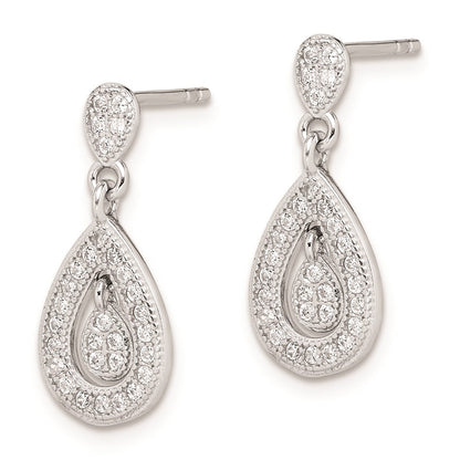 Sterling Silver Rhodium-Plated Cz Pav Pear Dangle Post Earrings