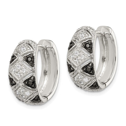 Sterling Silver Black/White Rhod-Plated Cz Hinged Oval Hoop Earrings