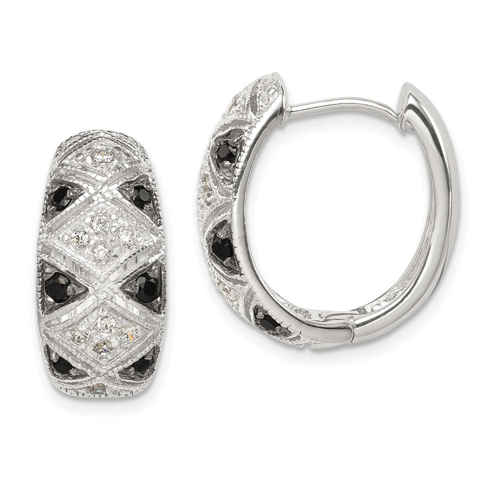 Sterling Silver Black/White Rhod-Plated Cz Hinged Oval Hoop Earrings