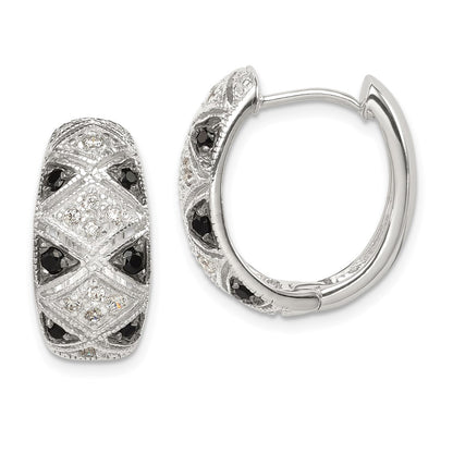 Sterling Silver Black/White Rhod-Plated Cz Hinged Oval Hoop Earrings