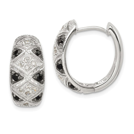 Sterling Silver Black/White Rhod-Plated Cz Hinged Oval Hoop Earrings