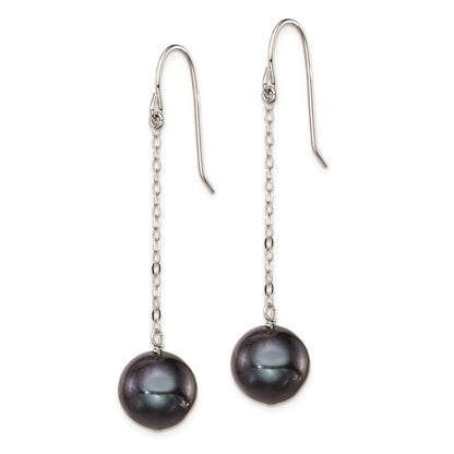 Sterling Silver Rhodium-Plated Polished 9-10mm Black Freshwater Cultured Pearl Dangle Earrings