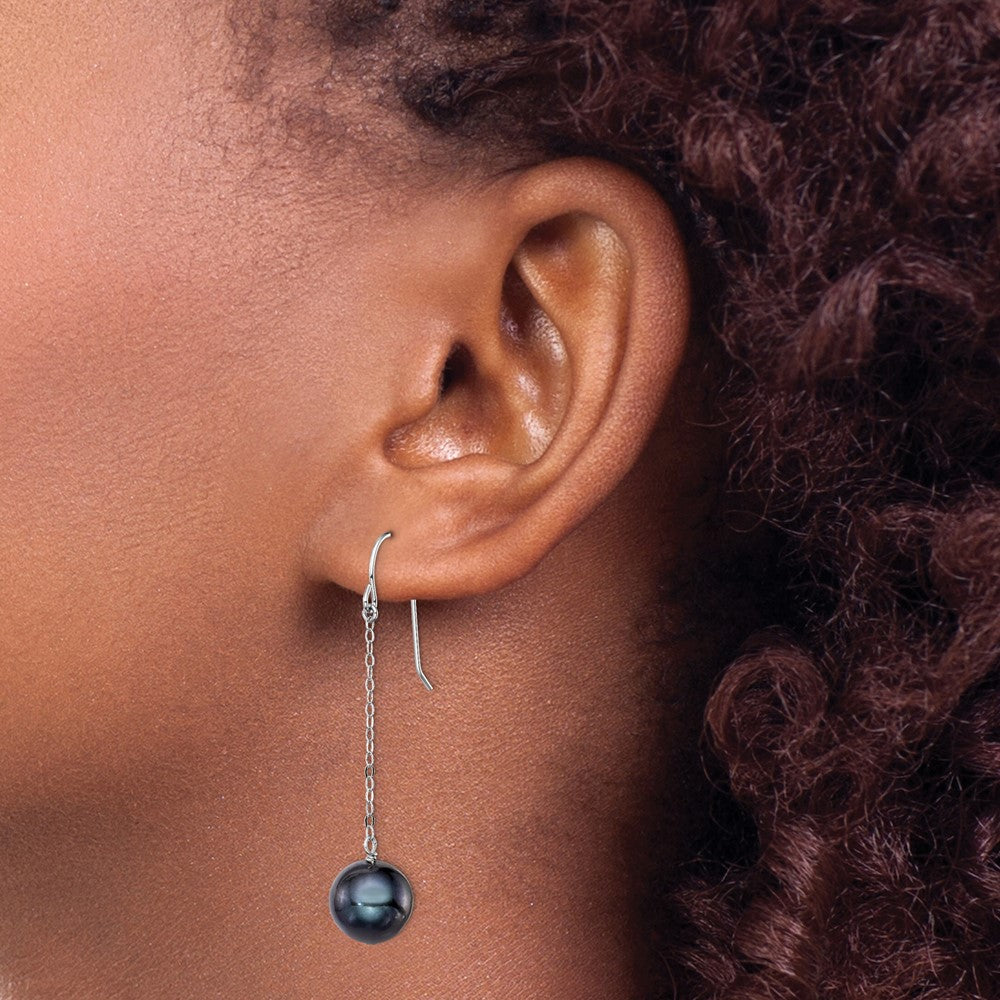 Sterling Silver Rhodium-Plated Polished 9-10mm Black Freshwater Cultured Pearl Dangle Earrings