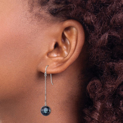 Sterling Silver Rhodium-Plated Polished 9-10mm Black Freshwater Cultured Pearl Dangle Earrings