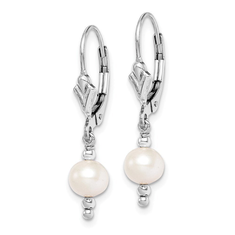 Sterling Silver Rhodium-Plated Polished White 6-7mm Freshwater Cultured Pearl Leverback Dangle Earrings