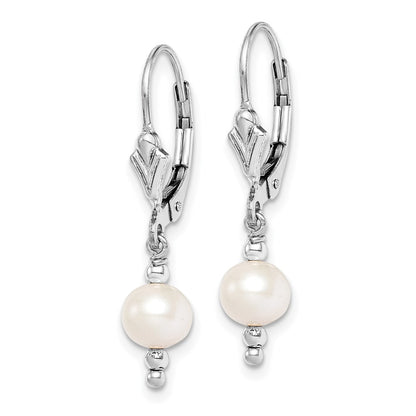 Sterling Silver Rhodium-Plated Polished White 6-7mm Freshwater Cultured Pearl Leverback Dangle Earrings