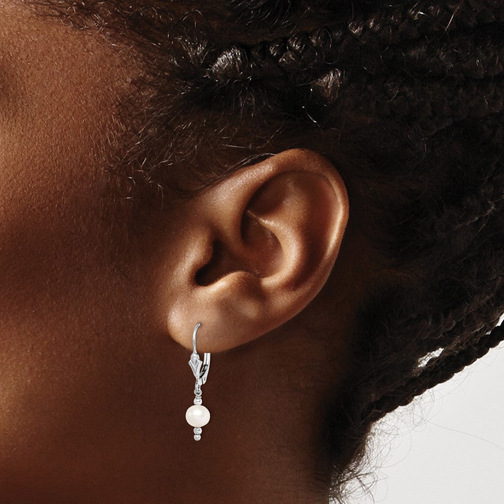 Sterling Silver Rhodium-Plated Polished White 6-7mm Freshwater Cultured Pearl Leverback Dangle Earrings