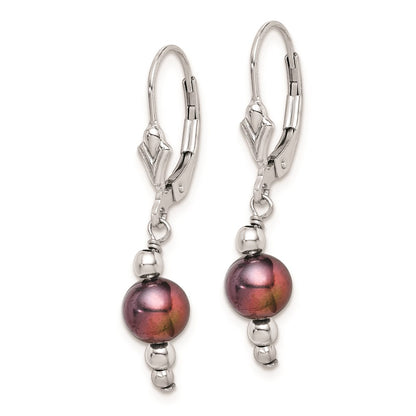 Sterling Silver Rhodium-Plated Polished 6-7mm Black Freshwater Cultured Pearl Leverback Dangle Earrings
