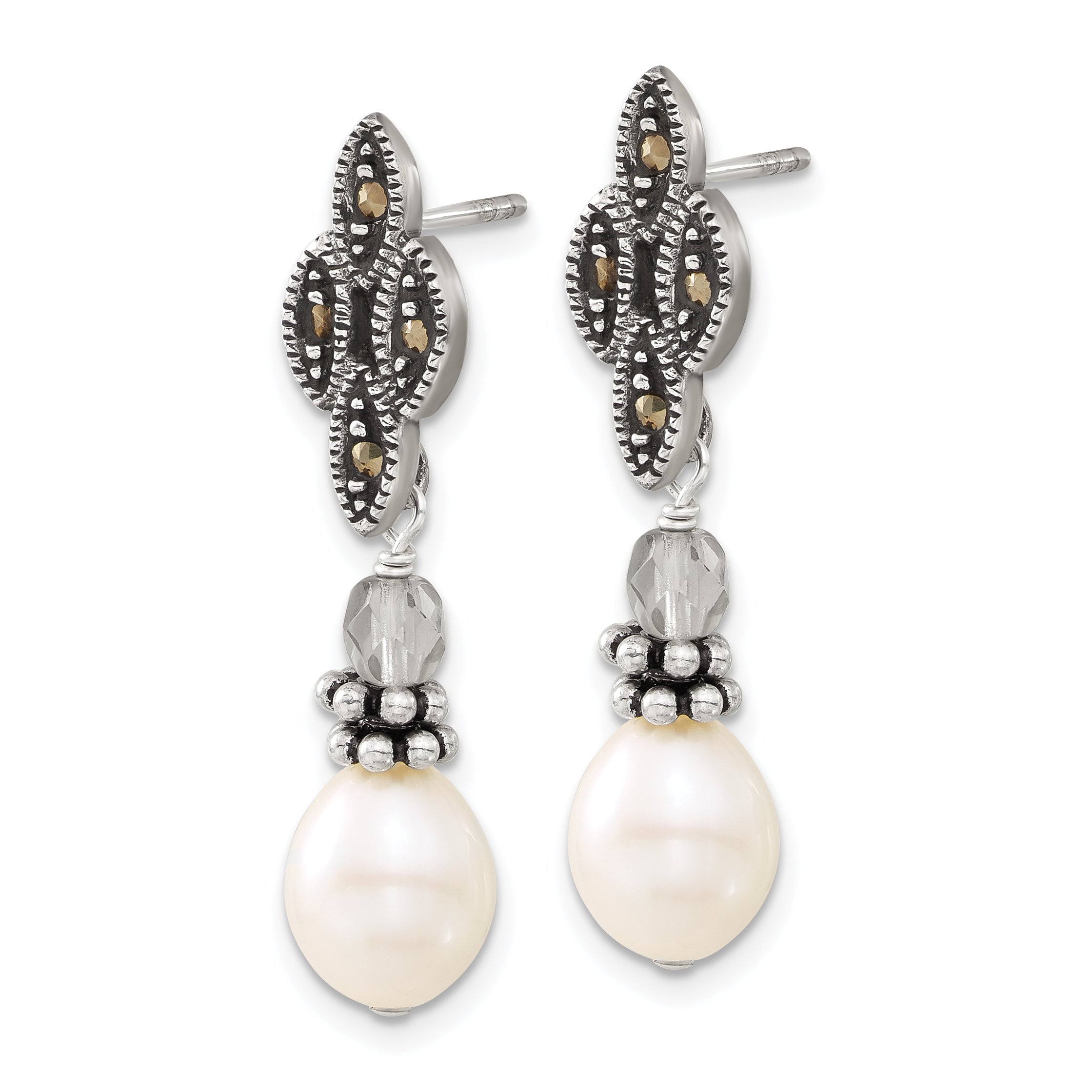 Sterling Silver Polished & Antiqued Crystal, Marcasite Fw Cultured Pearl Post Dangle Earrings