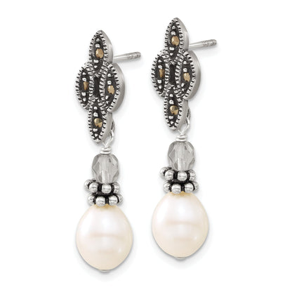 Sterling Silver Polished & Antiqued Crystal, Marcasite Fw Cultured Pearl Post Dangle Earrings