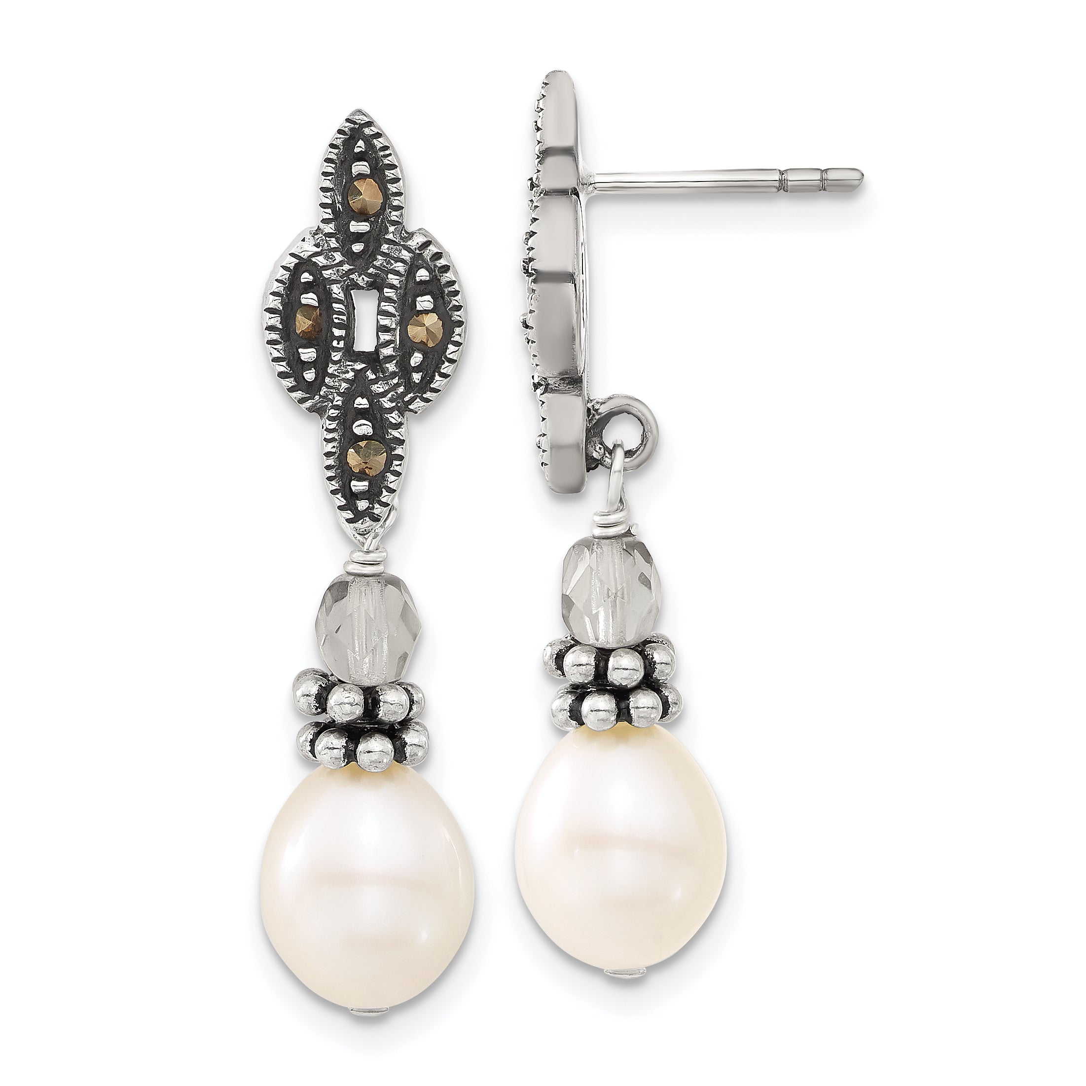Sterling Silver Polished & Antiqued Crystal, Marcasite Fw Cultured Pearl Post Dangle Earrings