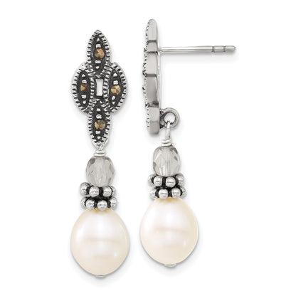 Sterling Silver Polished & Antiqued Crystal, Marcasite Fw Cultured Pearl Post Dangle Earrings