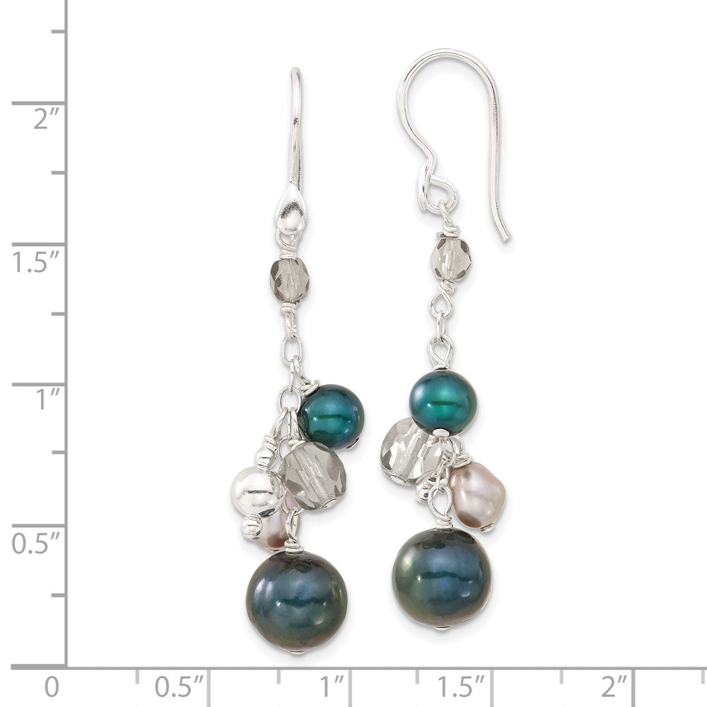 Sterling Silver Multicolor Simulated Pearl & Glass Bead Cluster Dangle Earrings