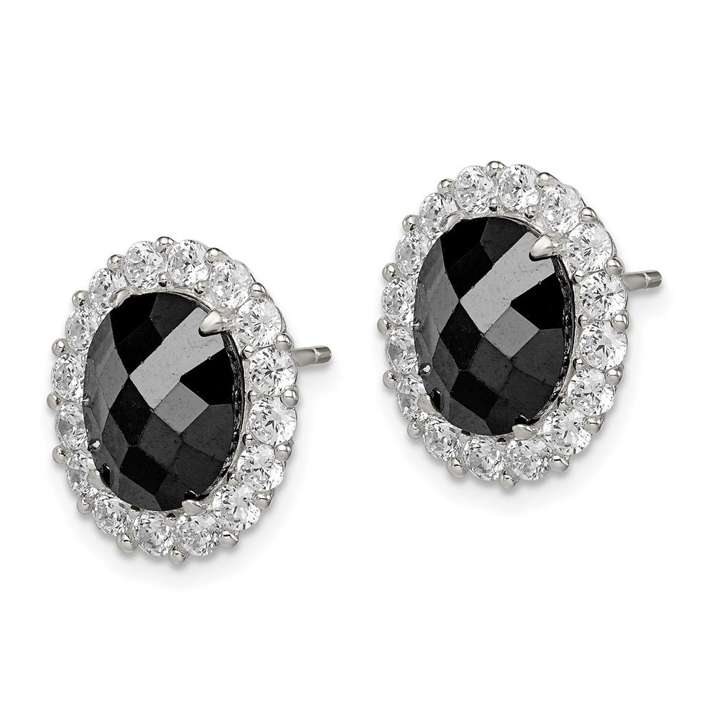 Sterling Silver Rhod-Plated Black/Clear Cz Oval Halo Post Earrings