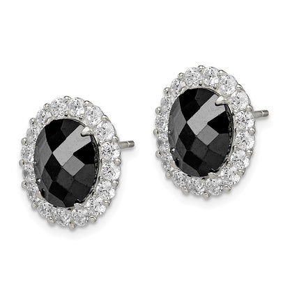 Sterling Silver Rhod-Plated Black/Clear Cz Oval Halo Post Earrings