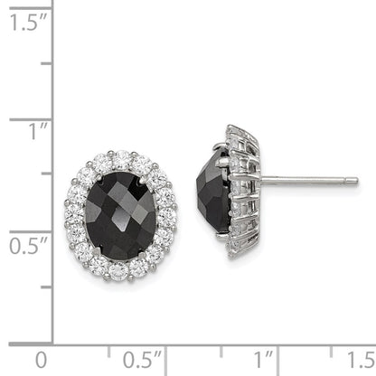 Sterling Silver Rhod-Plated Black/Clear Cz Oval Halo Post Earrings