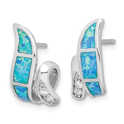 Sterling Silver Rh-Plated Cz & Blue Created Opal Twisted Post Earrings