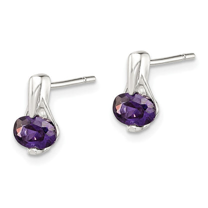 Sterling Silver Polished Oval Purple Cz Post Earrings