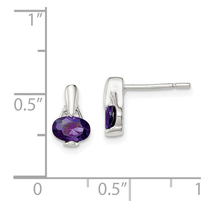 Sterling Silver Polished Oval Purple Cz Post Earrings