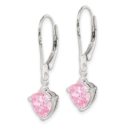 Sterling Silver Polished Pink Cz Heart Leverback Dangle Earrings