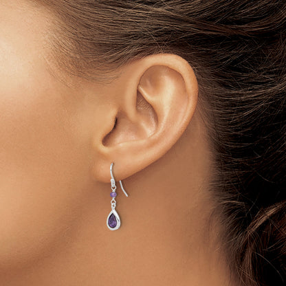 Sterling Silver Rhodium-Plated Polish Purple Cz Teardrop Dangle Earrings