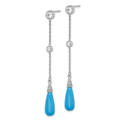 Sterling Silver Rhodium-Plated Turquoise And Cz Post Dangle Earrings