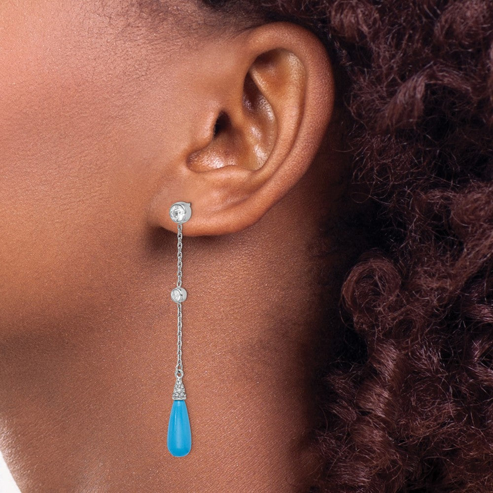 Sterling Silver Rhodium-Plated Turquoise And Cz Post Dangle Earrings