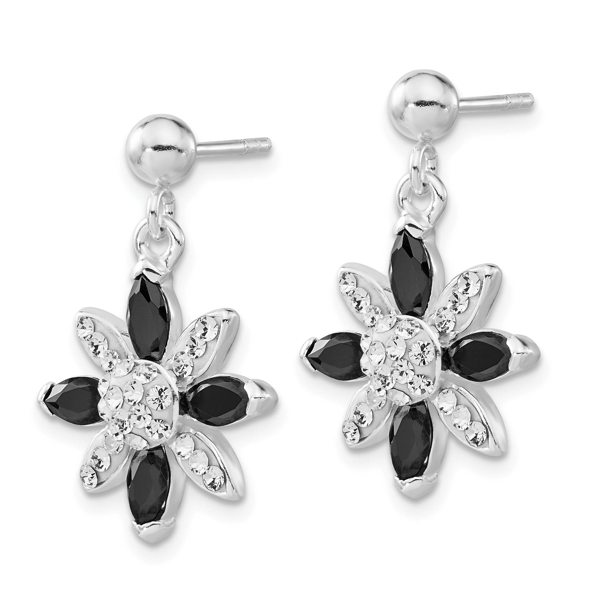 Sterling Silver Black Cz & Stellux Crystal Flower Post Dangle Earrings