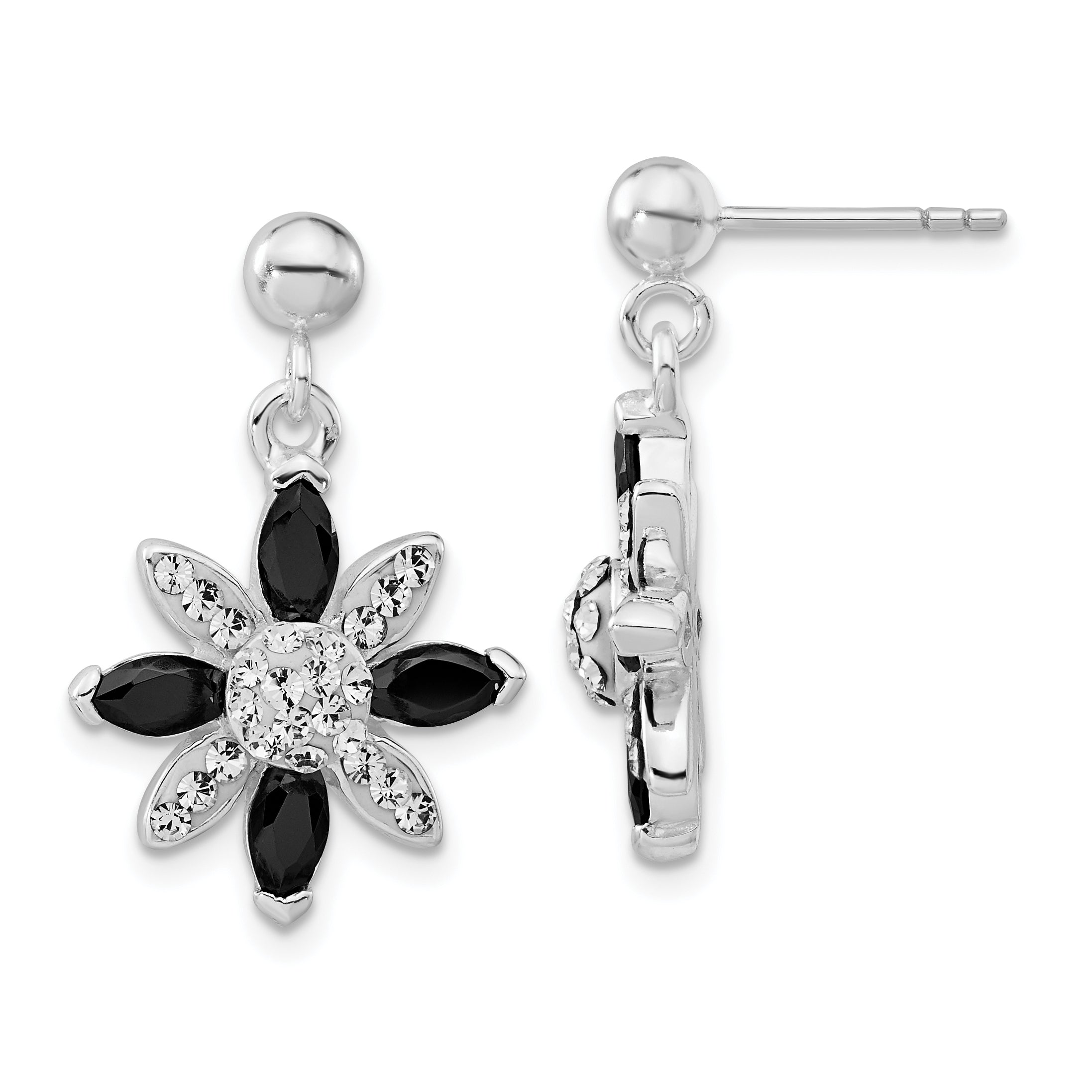 Sterling Silver Black Cz & Stellux Crystal Flower Post Dangle Earrings