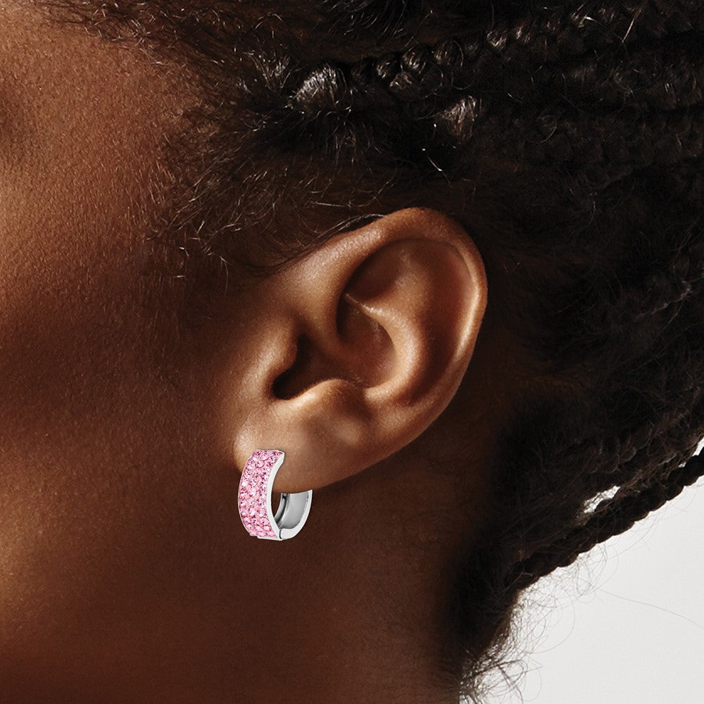 Sterling Silver Rh-Plated Pink Preciosa Crystal Hinged Hoop Earrings