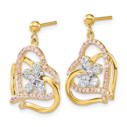 Sterling Silver & Flash Gold-Plated Pink Clear Cz Butterfly Heart Post Dangle Earrings