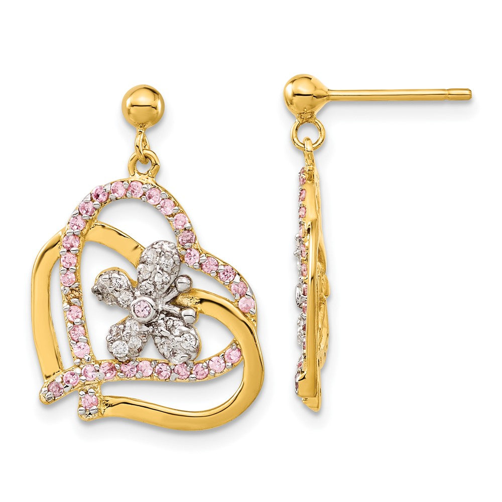Sterling Silver & Flash Gold-Plated Pink Clear Cz Butterfly Heart Post Dangle Earrings