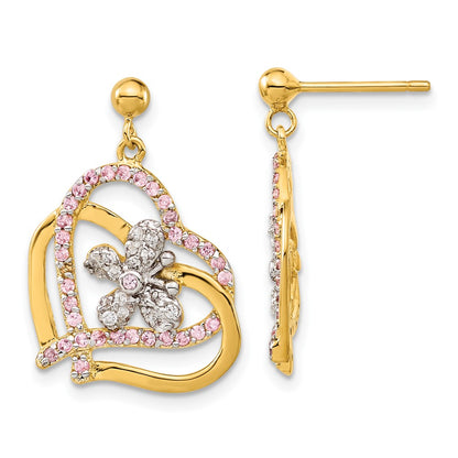 Sterling Silver & Flash Gold-Plated Pink Clear Cz Butterfly Heart Post Dangle Earrings