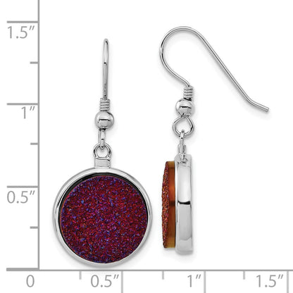 Sterling Silver And Purple Druzy Circle Shepherd Hook Dangle Earrings