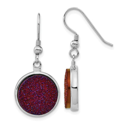 Sterling Silver And Purple Druzy Circle Shepherd Hook Dangle Earrings
