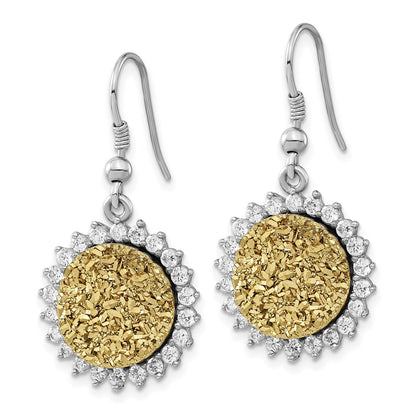 Sterling Silver Yellow Druzy & Cz Circle Shepherd Hook Dangle Earrings