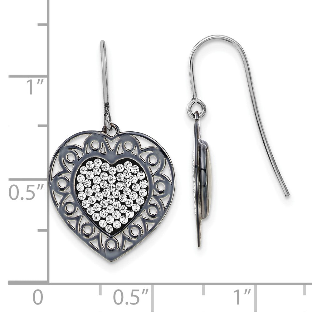 Sterling Silver & Black Ceramic Swarovski Crystal Heart Dangle Earrings