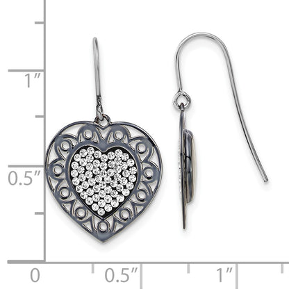 Sterling Silver & Black Ceramic Swarovski Crystal Heart Dangle Earrings