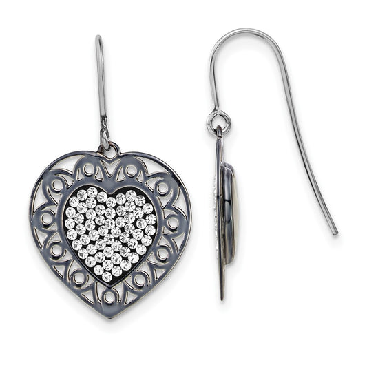 Sterling Silver & Black Ceramic Swarovski Crystal Heart Dangle Earrings