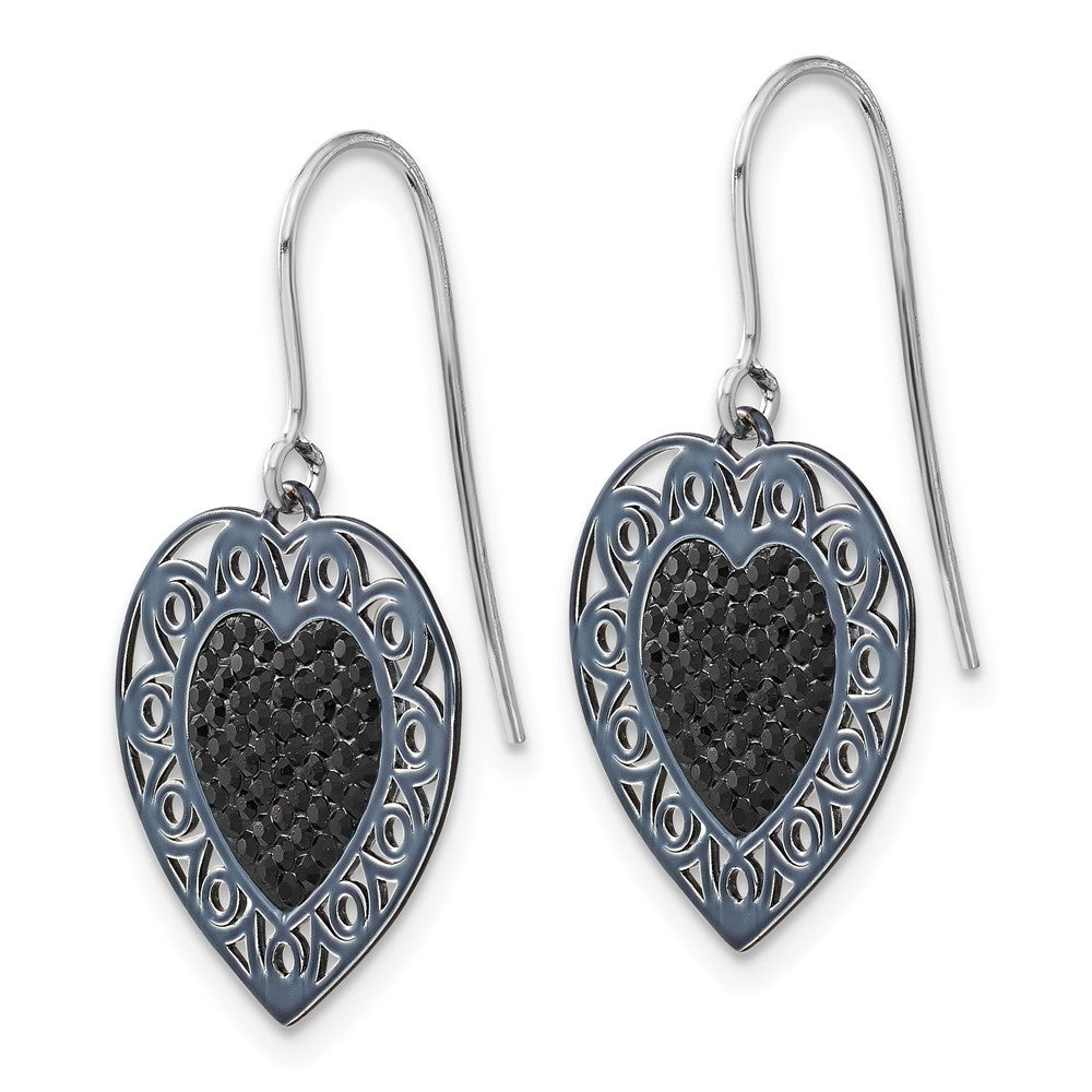 Sterling Silver Black Ceramic Swarovski Crystal Heart Dangle Earrings