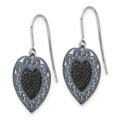 Sterling Silver Black Ceramic Swarovski Crystal Heart Dangle Earrings