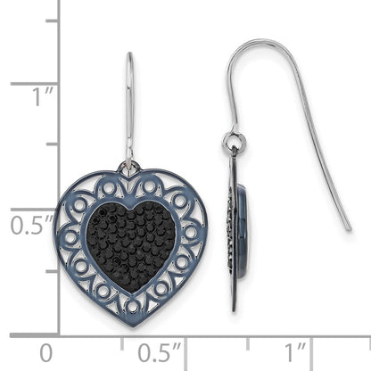Sterling Silver Black Ceramic Swarovski Crystal Heart Dangle Earrings