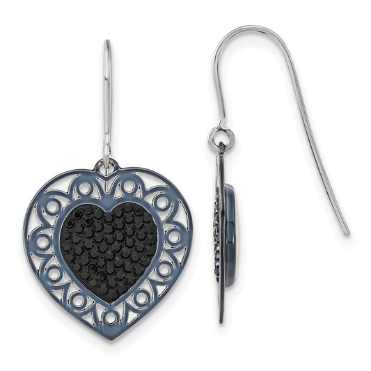 Sterling Silver Black Ceramic Swarovski Crystal Heart Dangle Earrings