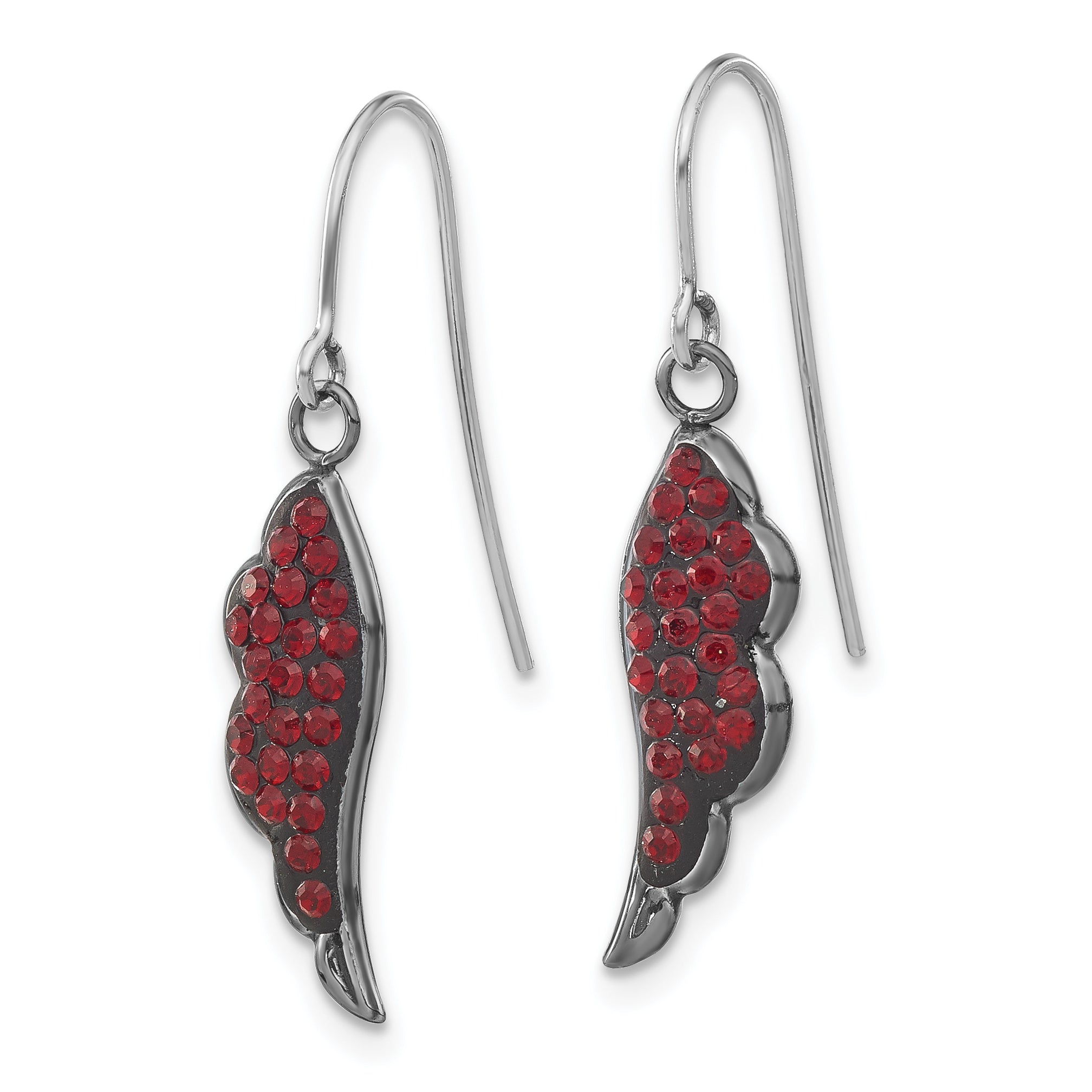 Sterling Silver Black Ceramic Red Swarovski Crystal Wing Dangle Earrings