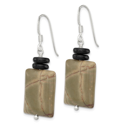 Sterling Silver Polished Black Mother Of Pearl & Picasso Jasper Dangle Earrings