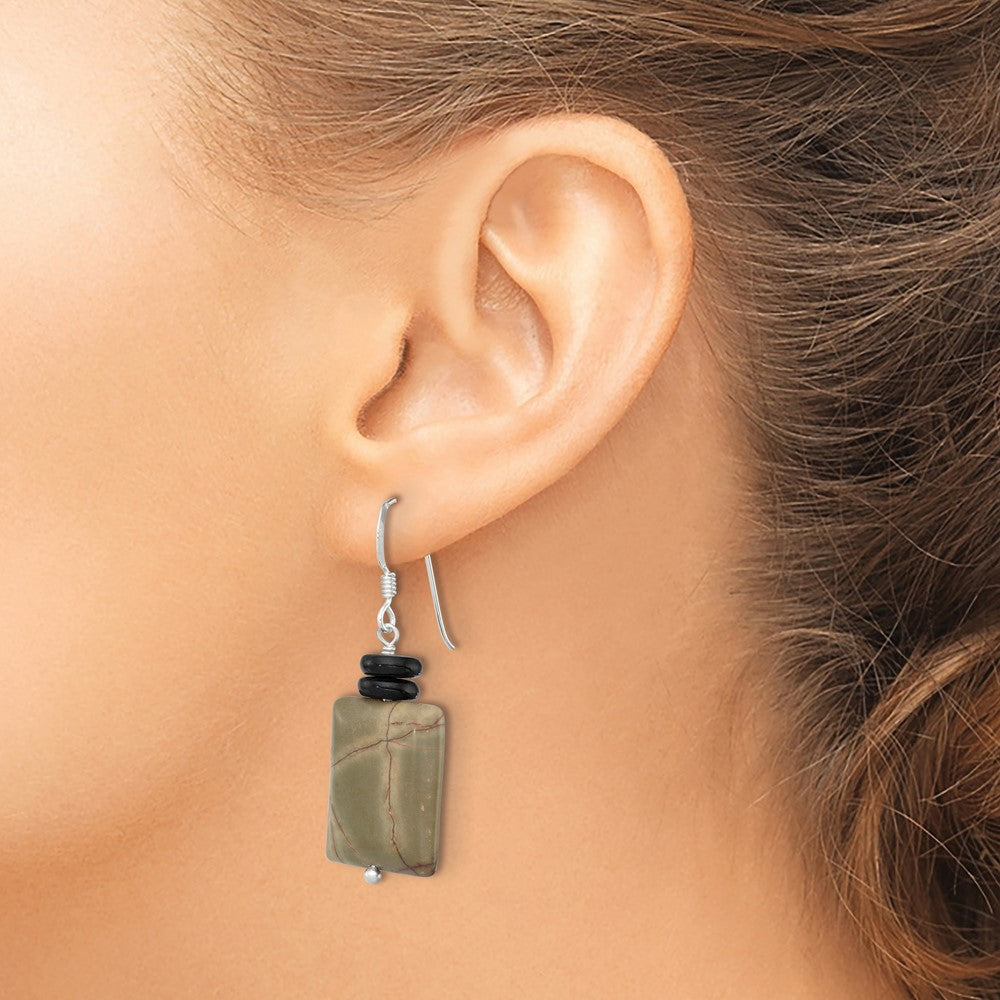 Sterling Silver Polished Black Mother Of Pearl & Picasso Jasper Dangle Earrings