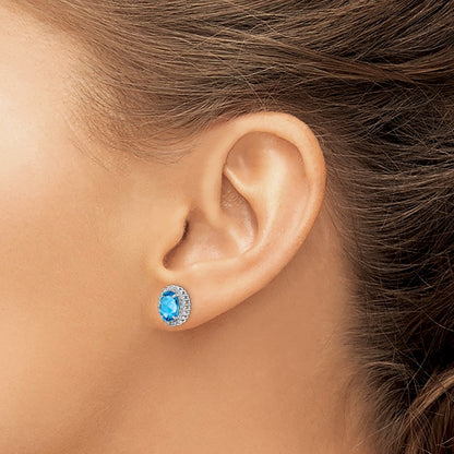 Sterling Silver Rhodium-Plated Blue Topaz And Diamond Earrings